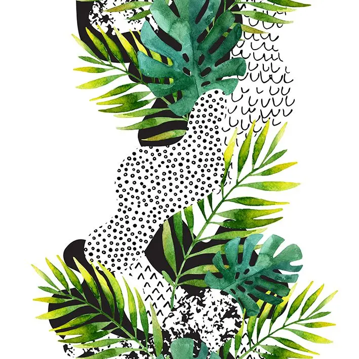 Gardin Tropiske Løv Palm Monstera Blade og Doodle Mønstre Moderne Kunst Grøn Sort