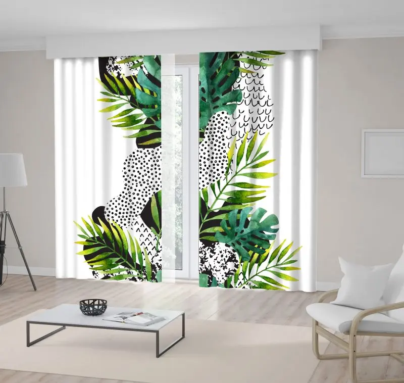 Gardin Tropiske Løv Palm Monstera Blade og Doodle Mønstre Moderne Kunst Grøn Sort