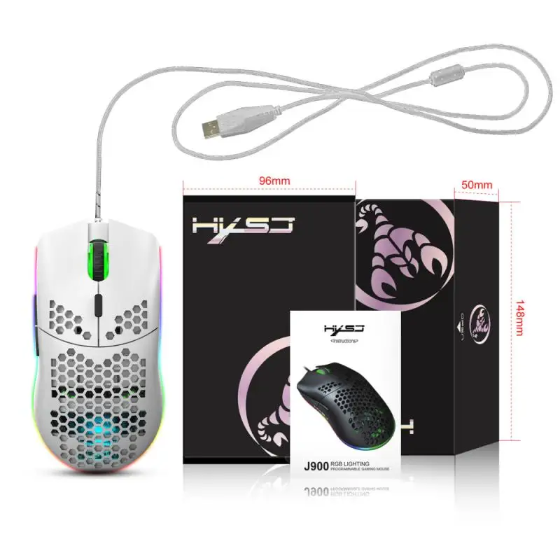 HXSJ J900 USB-Kablet Gaming Mus RGB Gamer Mus, med Seks Justerbar DPI Honeycomb Hule Ergonomisk Design for Desktop Mus
