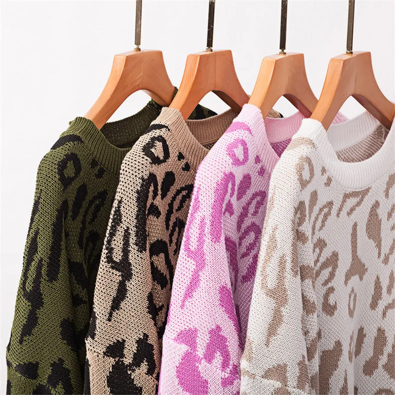 Forefair Leopard Afslappet Oversize Sweater Kvinde Efteråret 2019 Vinter Strikkede Dyreprint Plus Size Løs Lange Trøjer Kvinder