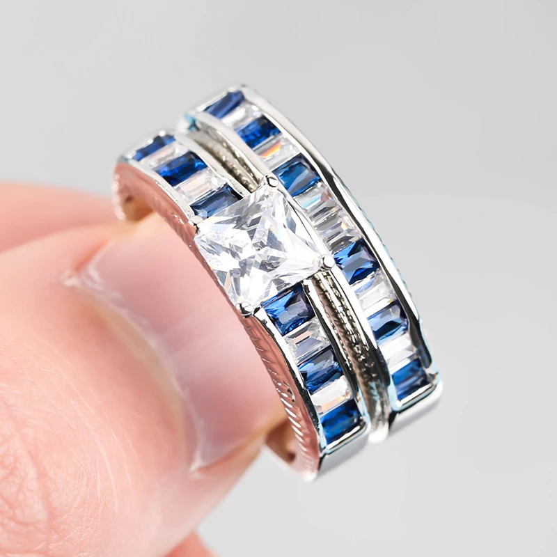 Luksus Square Crystal Ring for Kvinder Bryllup Engagement Par Smykker Blå Cubic Zircon Ring Mænd års Fødselsdag med Gave