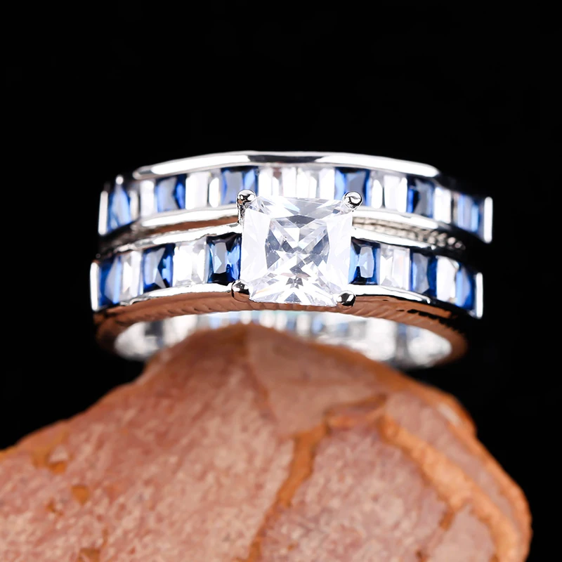 Luksus Square Crystal Ring for Kvinder Bryllup Engagement Par Smykker Blå Cubic Zircon Ring Mænd års Fødselsdag med Gave