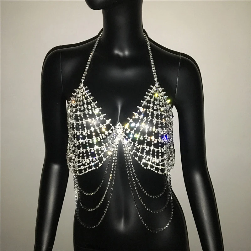 FestivalQueen bling metallisk diamant afgrøde top kvinder sexet Beach backless rhinestone kvast krop hule kæde natklub fest top