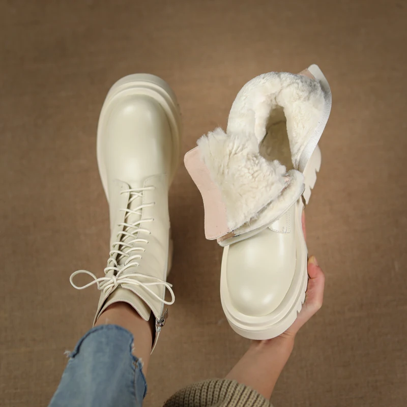 Kvinder og Vinter sko i Ægte Læder Støvler Kvinder Militære Casual Martin Støvler Kvinder Uld, som Sne Støvler
