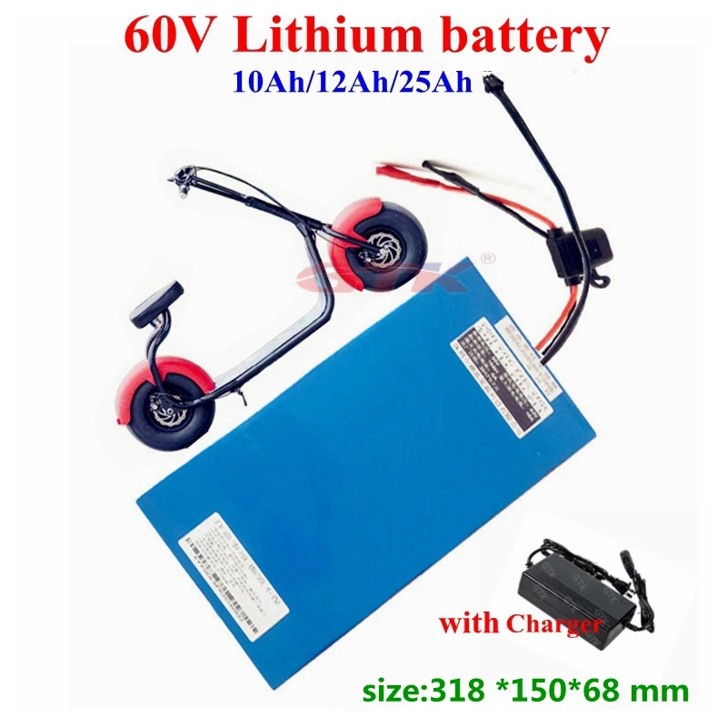 GTK-60v 10Ah 12Ah 25Ah lithium-ion-batteri med BMS til el-scooter Citycoco Scooter skateboard elektrisk cykel+Oplader