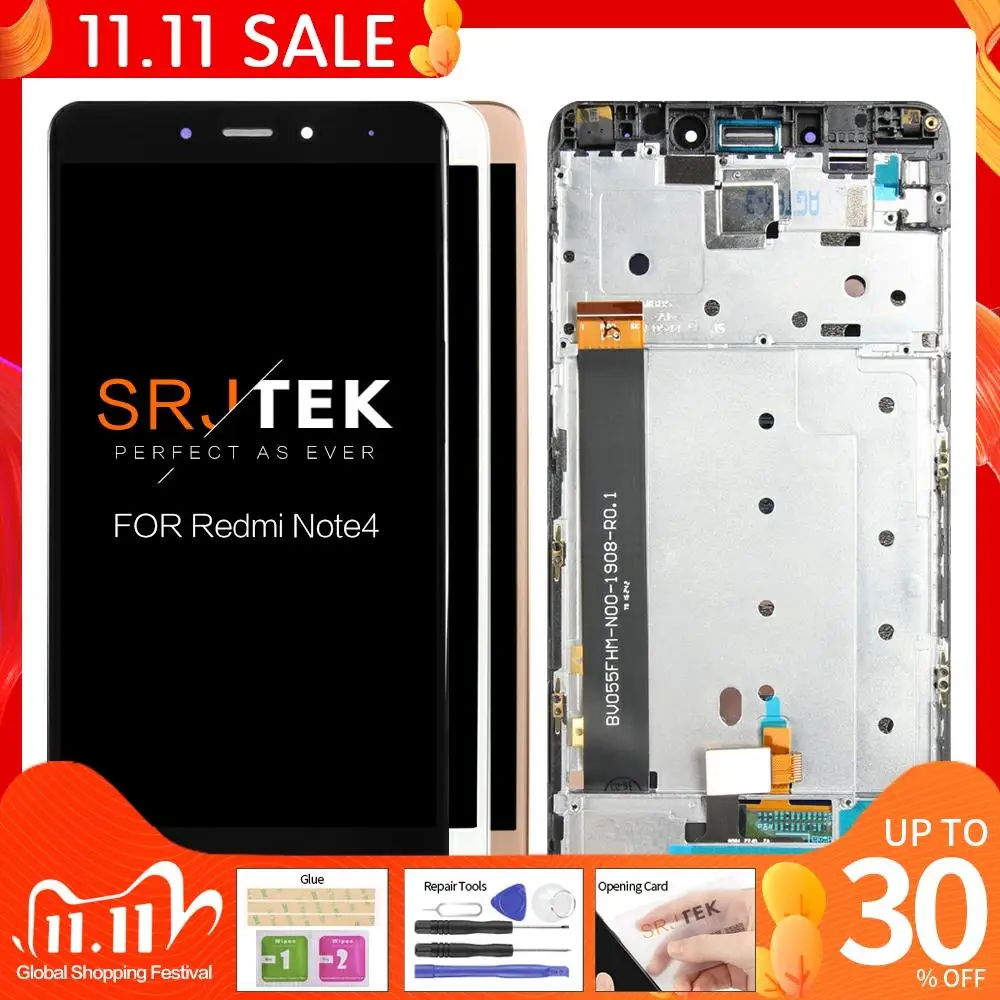 5.5 tommer Originale Display For XIAOMI Redmi Note 4 LCD-Touch Screen Digitizer med LCD-Rammen For Xiaomi Redmi Note 4 Skærm