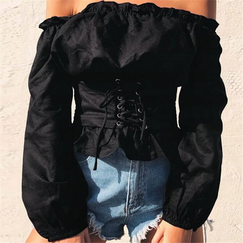 Kvinder, Off Skulder bandage Cropped Toppe Bluse Shirt Damer langærmet Lace up Corset 2020 Sommer Mode Dropshipping