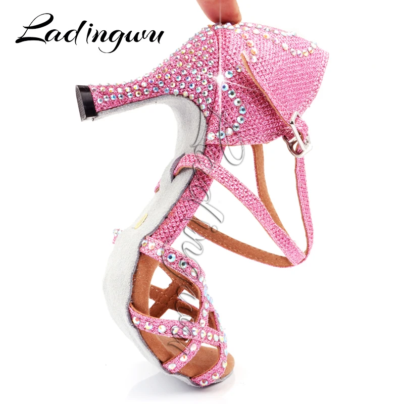 Ladingwu Pink Glitter Dans Sko Latin Kvinde Crown Mønster Rhinestone Design Ballroom Dance Sko Til Piger Erhverv Salsa Sko