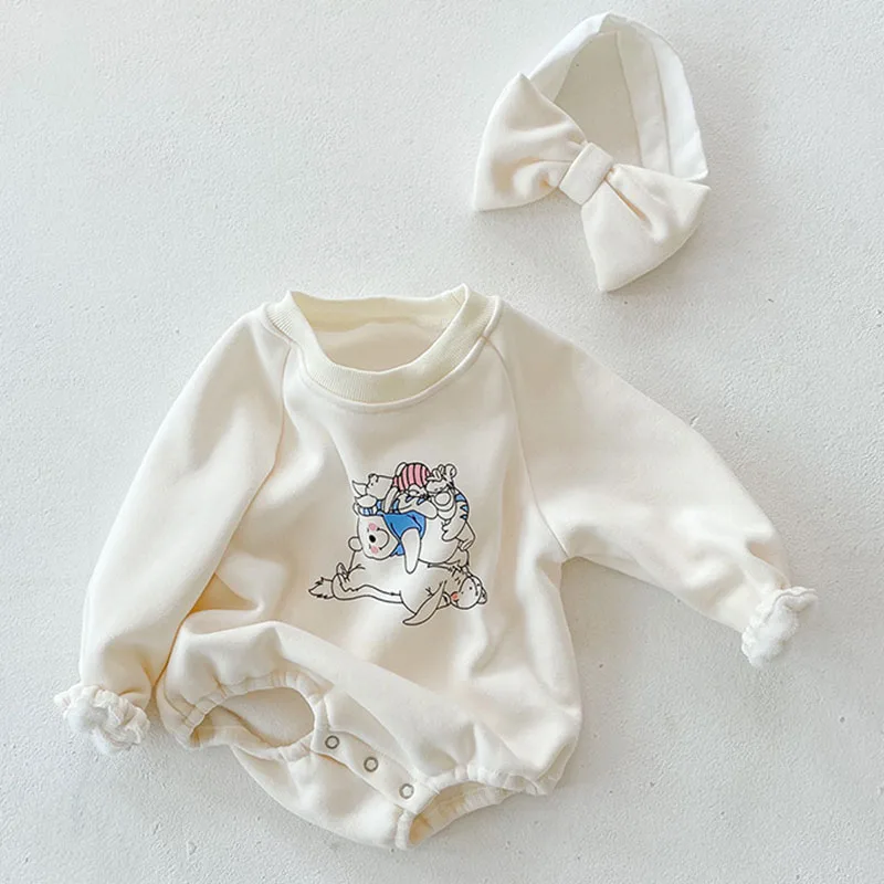 Ny 2020-Efterår Vinter Spædbarn Baby Girls Cartoon Rompers Tøj Kids Pige Langærmet Tykkere Rompers Tøj