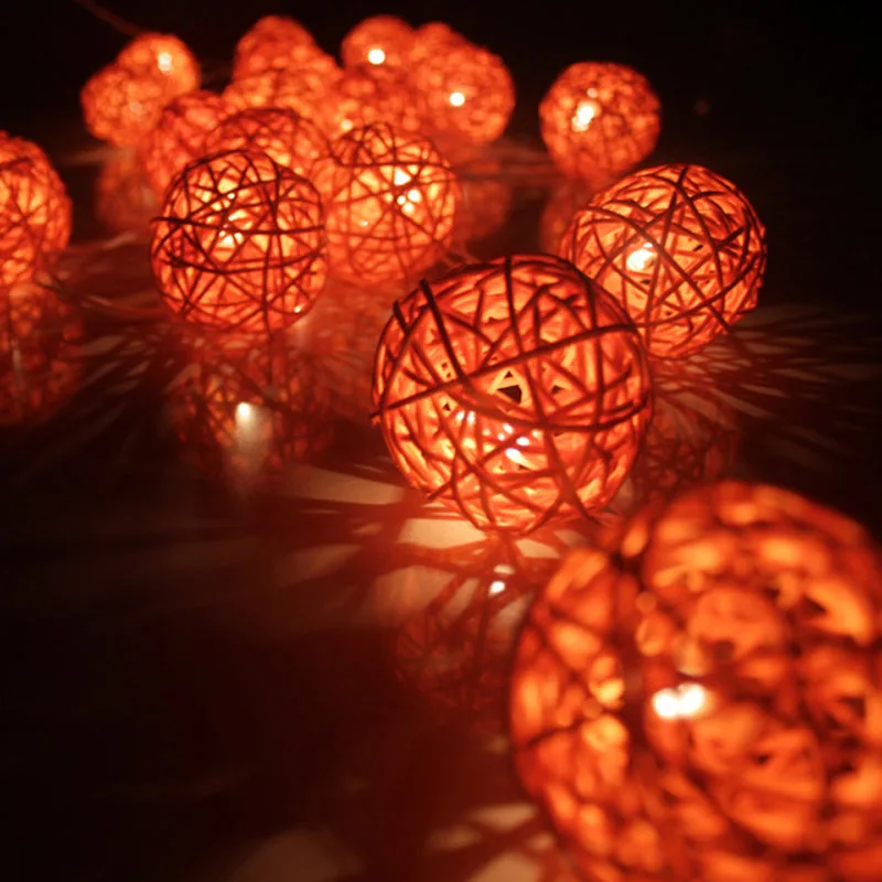 AC/Batteri-LED-Jul Udendørs String Lys 20 Orange Rattan Bolde Bryllup Fe Holiday Garden Room Decor Garland Lys