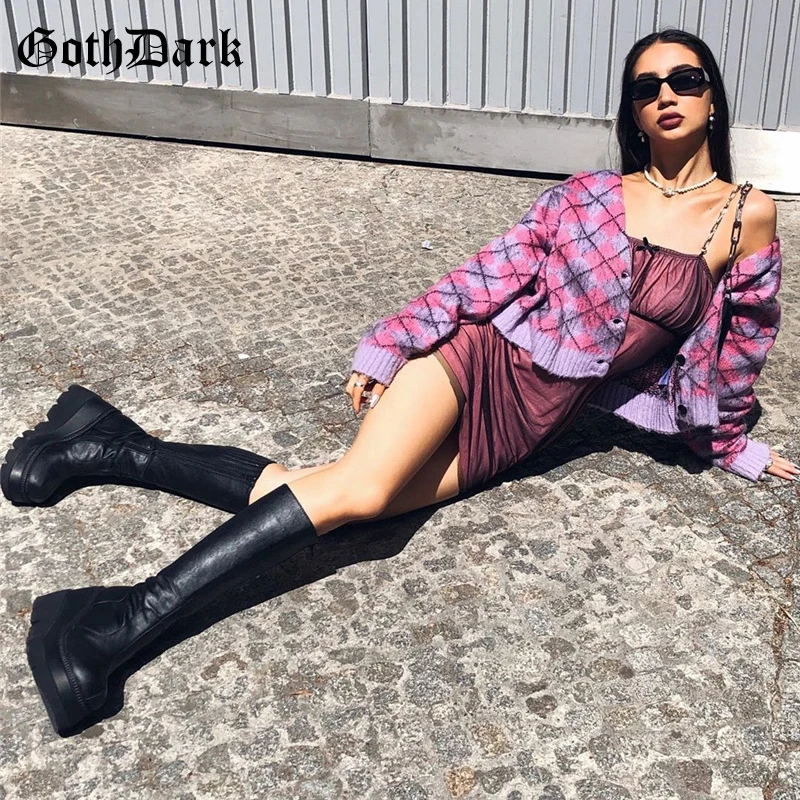 Goth Mørk Mode Argyle Udskrivning E-pige Trøjer Gotiske Enkelt-Breasted Knap Foran Caridigan V-hals Farve Blokering af Streetwear