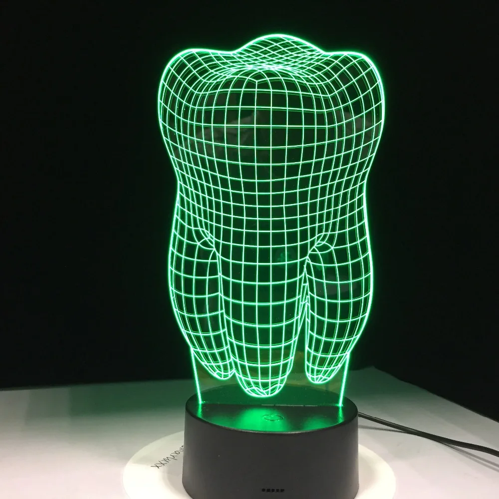 Skib fra USA Tand 3D LED Nat Lys Farverige Akryl Kids Baby Soveværelse USB-bordlampe Cool Lampe som gave til tandlæge