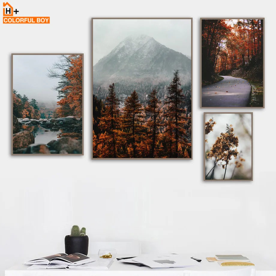 Bjerg Skov Maple Leaf Søen Liggende Væg Kunst, Lærred Maleri Nordiske Plakater Og Prints Væg Billeder For At Stue Indretning