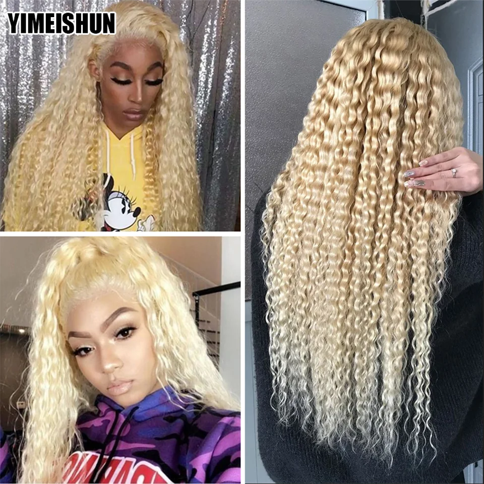 YIMEISHUN Kinky Curly 13x4 HD Blonder Frontal Lukning Blonde Paryk 613 Lace Front Wig menneskehår Gennemsigtig 4x4 Curly Lace Parykker, Remy