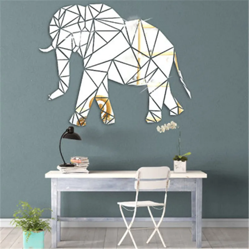 Geometriske 3D-Elefant Akryl Spejl Wall Stickers Stue Akryl vægoverføringsbilleder For Kids Room Spejlet Dekorativt Mærkat