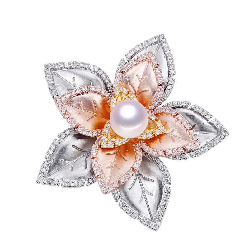 SINZRY nye cubic zircon naturlige perle 3 farve blomst brocher pin kreative sweater smykker tilbehør til kvinder