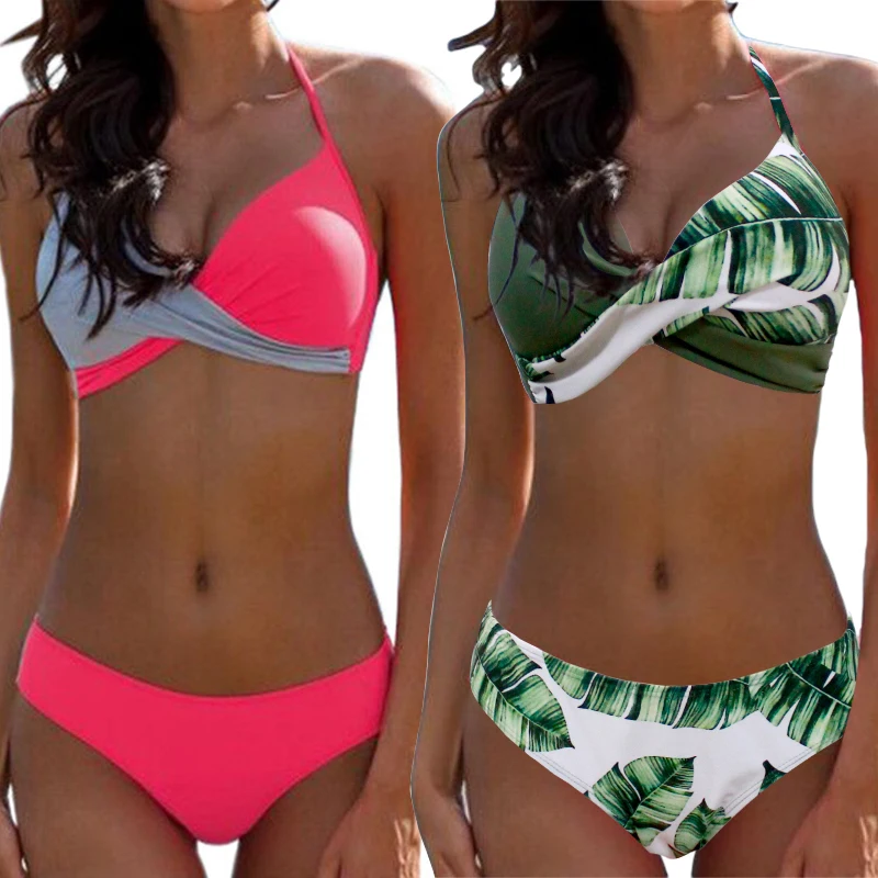 Bikini 2020 Push Up Sexet Bikini Sæt Halterneck Print Plus Size Kvinde, badetøj Badetøj Badetøj 3XL Badedragt Kvinder 2 Stykker