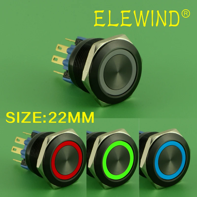 ELEWIND 22mm RGB 3 LED farve,sort momentan trykknap switch(PM221F-11E/RGB/12V/EN 4pins for led -)