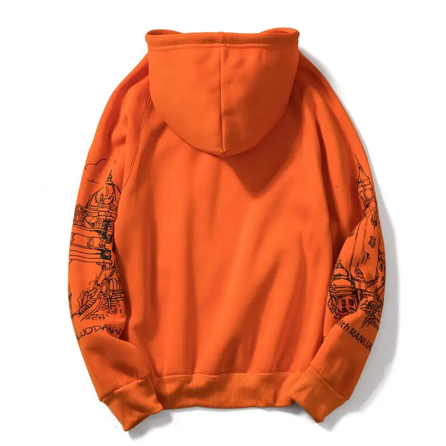 EU-Størrelse Skitse Print Orange Trøjer Mænd er Tykkere Tøj Vinter Sweatshirts Mænd Hip Hop Streetwear Solid Fleece Mand Hoody