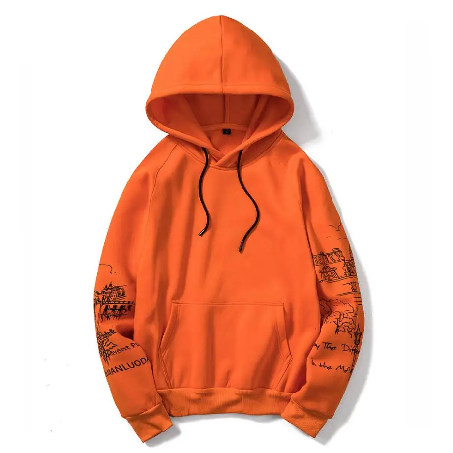 EU-Størrelse Skitse Print Orange Trøjer Mænd er Tykkere Tøj Vinter Sweatshirts Mænd Hip Hop Streetwear Solid Fleece Mand Hoody