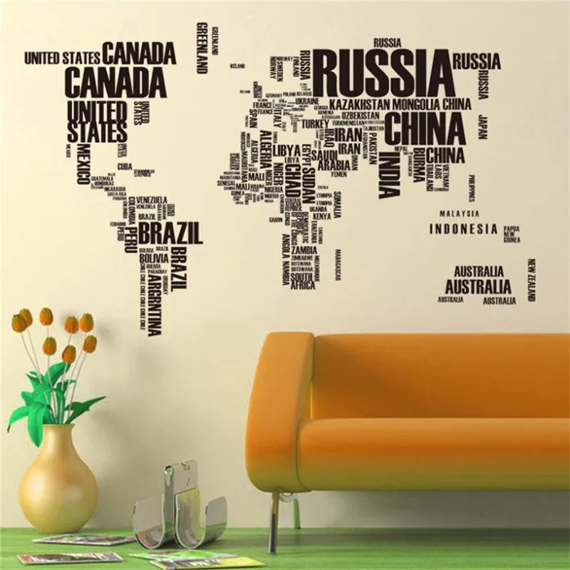 Store Kreative Sorte Bogstaver verdenskort Wall Sticker Stue Home Decor Aftagelige PVC Vinyl Kunst vægoverføringsbilleder