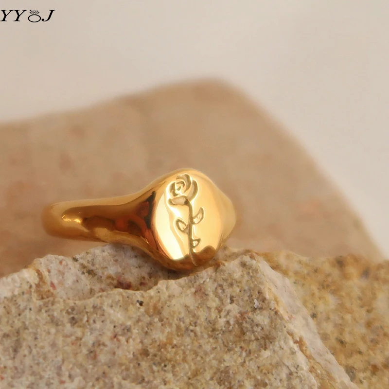 Gravere Rose guld signet ring til kvinder i rustfrit stål pinky minimalistisk fine blomst mode ring 2021