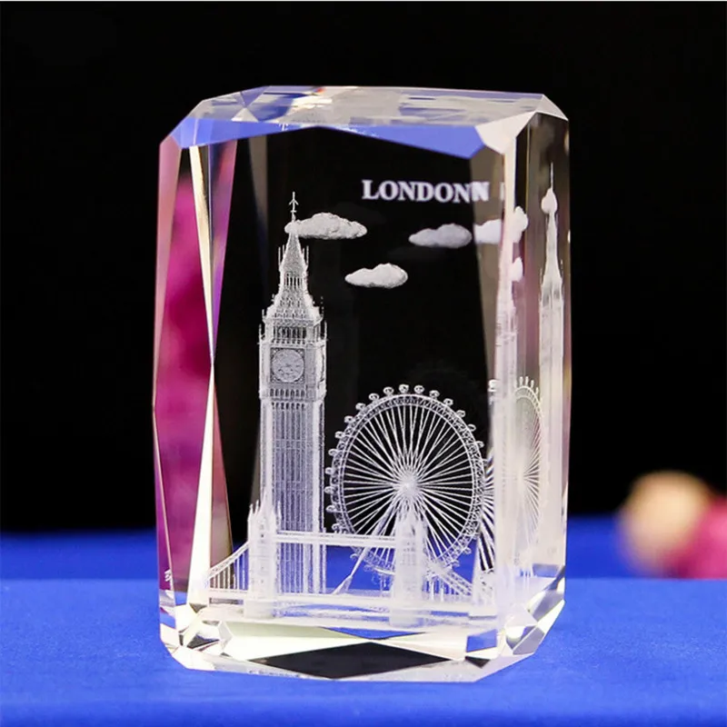 3D Laser Indgraveret Terning Krystal Glas London Model Brevpresser Tower Bridge Eye, Big Ben Figurer Feng Shui Collectible Souvenirs
