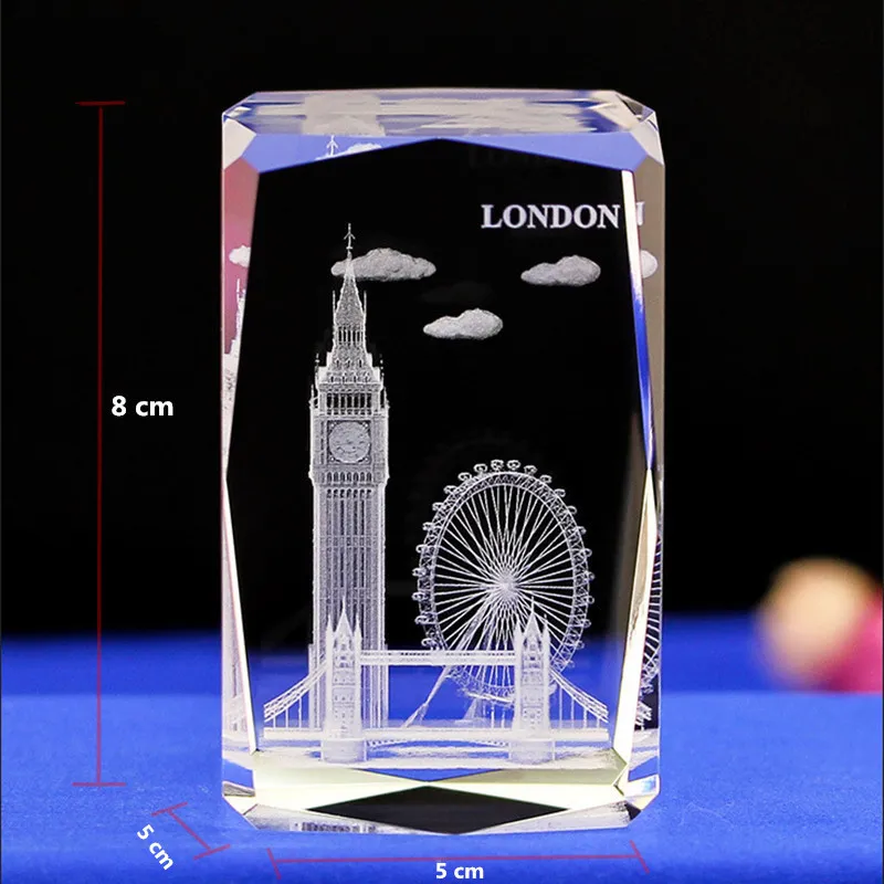 3D Laser Indgraveret Terning Krystal Glas London Model Brevpresser Tower Bridge Eye, Big Ben Figurer Feng Shui Collectible Souvenirs