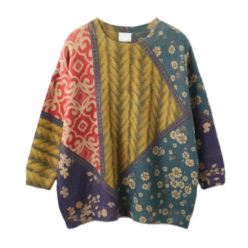 Kvinders Vintage Sweater, Pullover, Toppe Indie Folk Print Retro Vintage O Hals Patchwork Kontrast til Efterår og Vinter A11280900