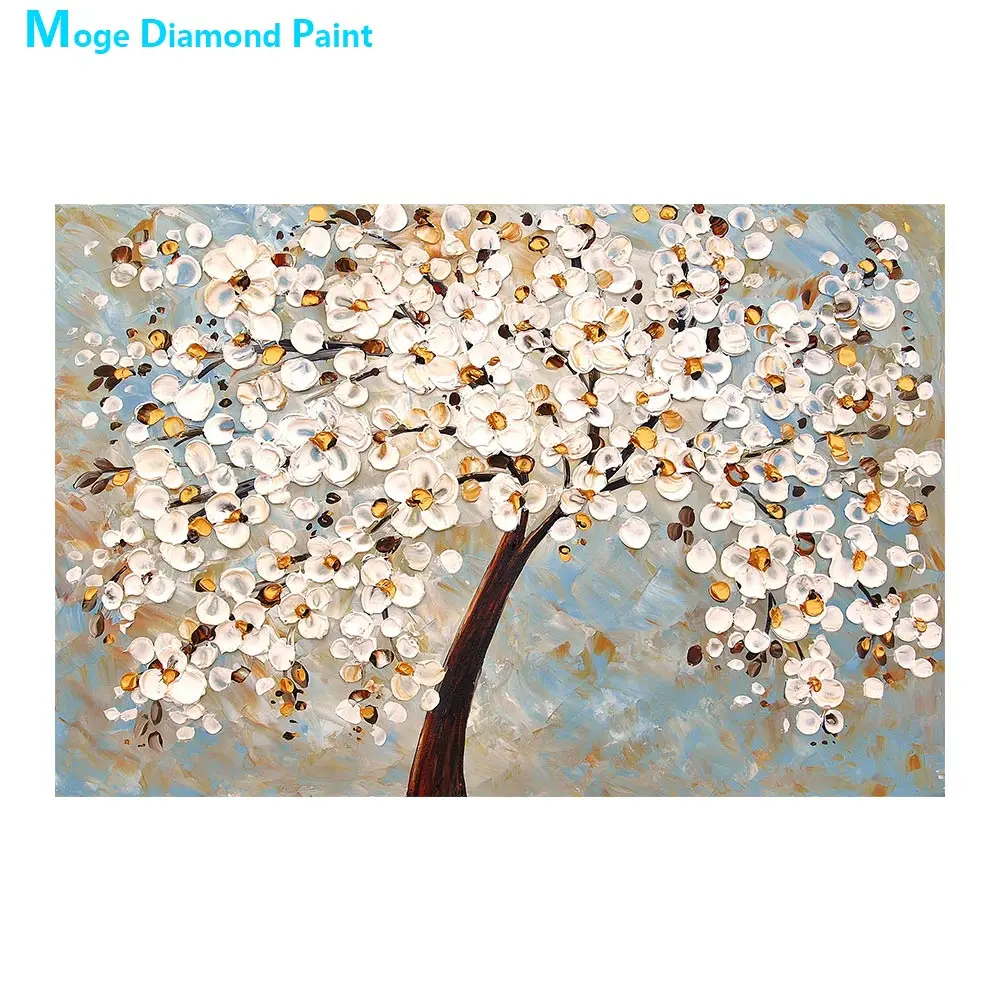 White Flower Tree Diamant Maleri, Olie, Blomster Runde Fuld Drill Nouveaute DIY Mosaik Broderi 5D Cross Stitch Home Decor Gaver