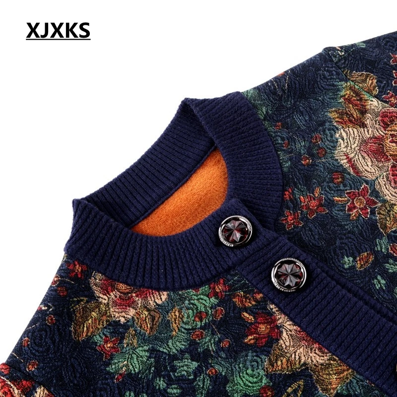 XJXKS Mor tøj efterår og vinter sweater frakke blomster print single breasted god kvalitet tykke kvinder cardigan sweater