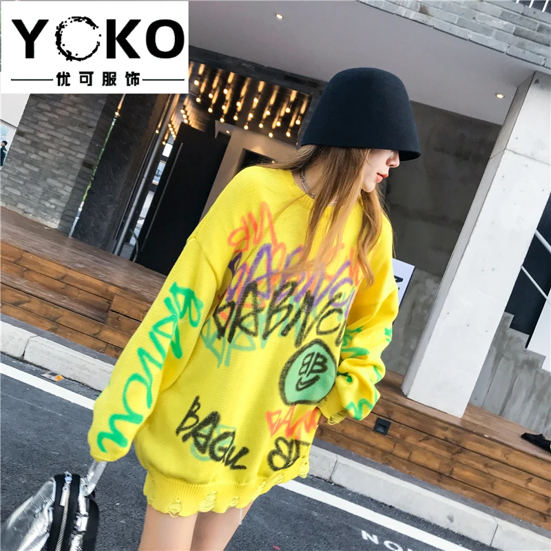 YOKO Sweater kvinder 2019 efterår og vinter nye mode løs koreanske version hånd-malet graffiti dovne stil sweater plus size kjole