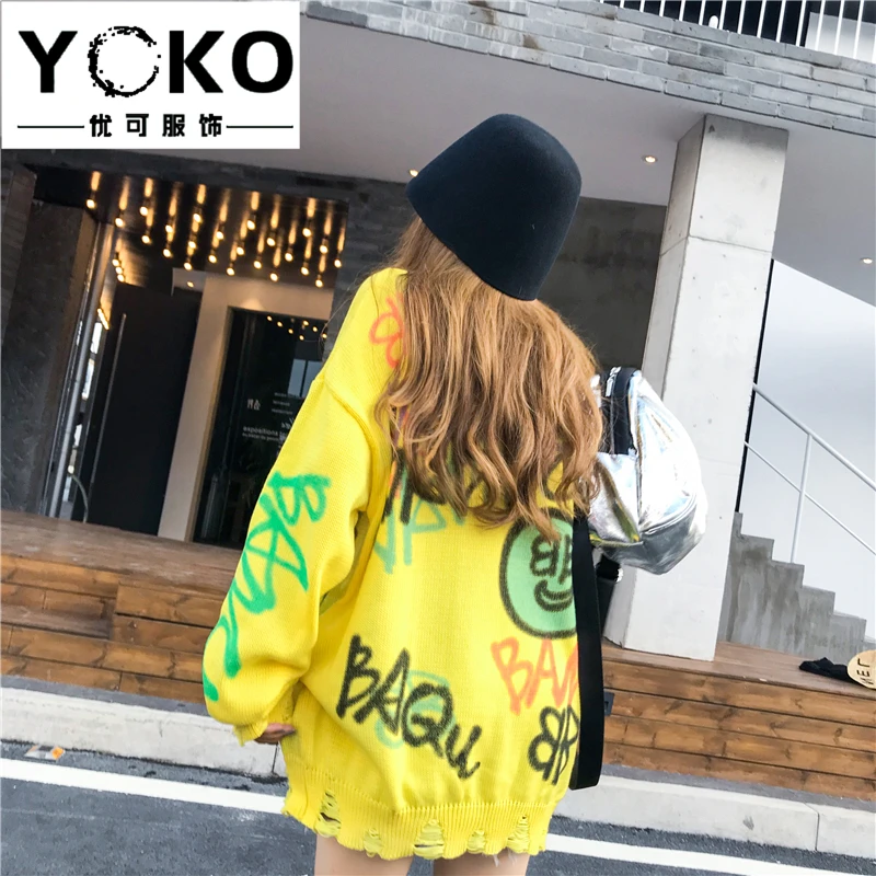 YOKO Sweater kvinder 2019 efterår og vinter nye mode løs koreanske version hånd-malet graffiti dovne stil sweater plus size kjole