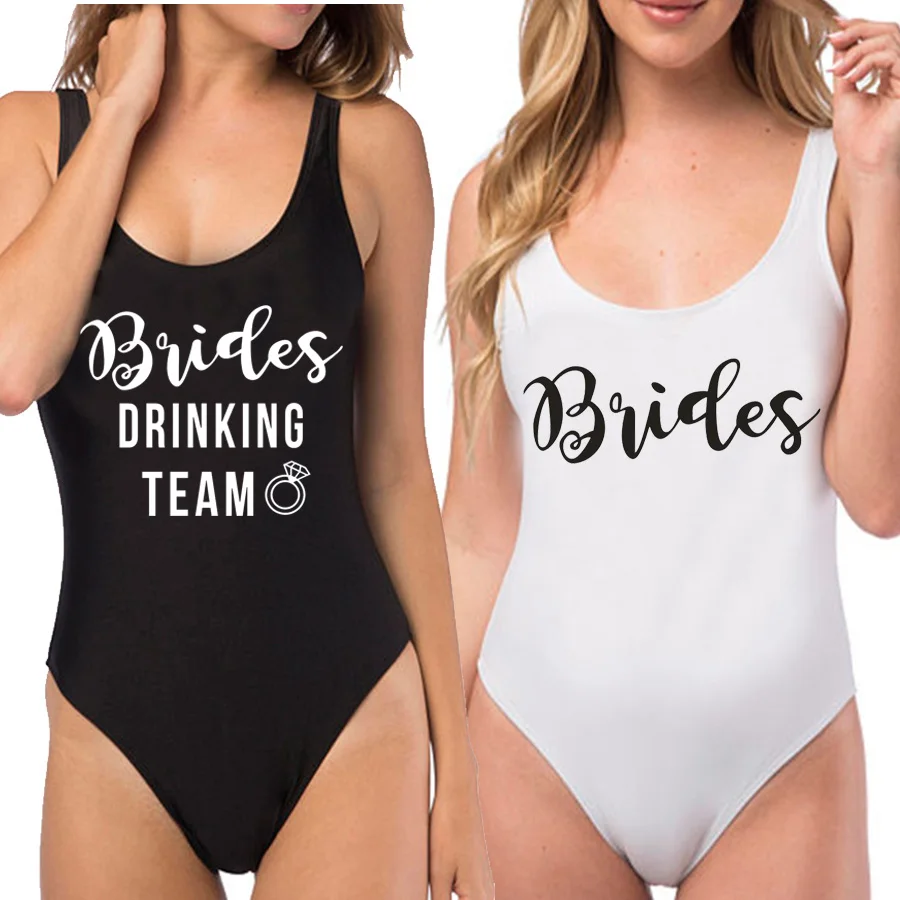 Solid Swimwears Kvinder Ét Stykke Badedragt BRUDEN Drikker Team Print Body polterabend Bikini Sjov Bathingsuit Kvindelige