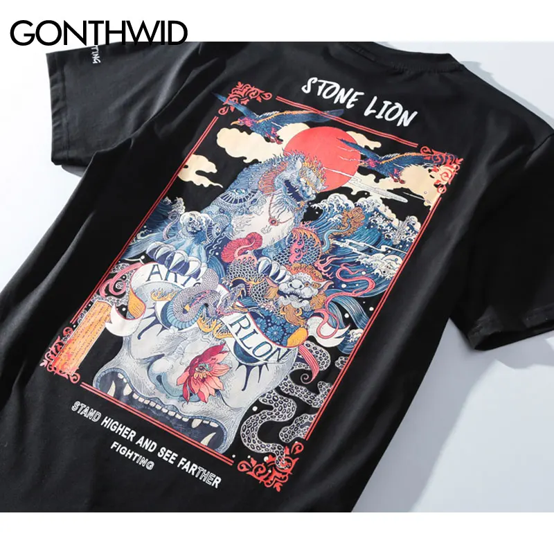GONTHWID Kinesiske Sten Løve Trykt Streetwear T-Shirts 2020 Herre Harajuku Hip Hop Afslappede Street-Tees Mandlige Bomuld t-shirts Toppe