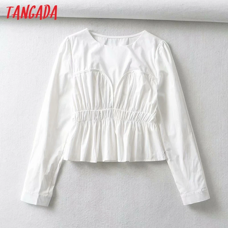 Tangada Kvinder Retro Hvid Plisseret Tunika Afgrøde Shirt 2021 Foråret Smarte Kvindelige Slim-Shirt, Toppe FE05