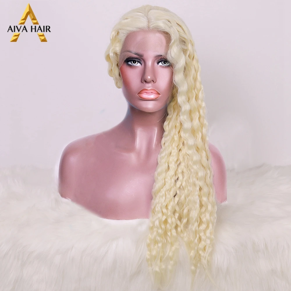 Aiva Varmeandig Syntetisk Lace Front Wig Glueless Blonde Dybt Curly Bølge Paryk Lilla Cosplay Syntetiske Parykker Til Kvinder Sort