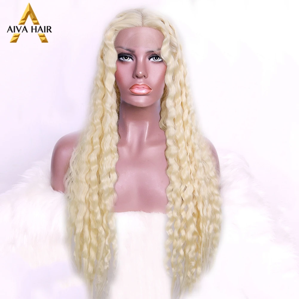Aiva Varmeandig Syntetisk Lace Front Wig Glueless Blonde Dybt Curly Bølge Paryk Lilla Cosplay Syntetiske Parykker Til Kvinder Sort
