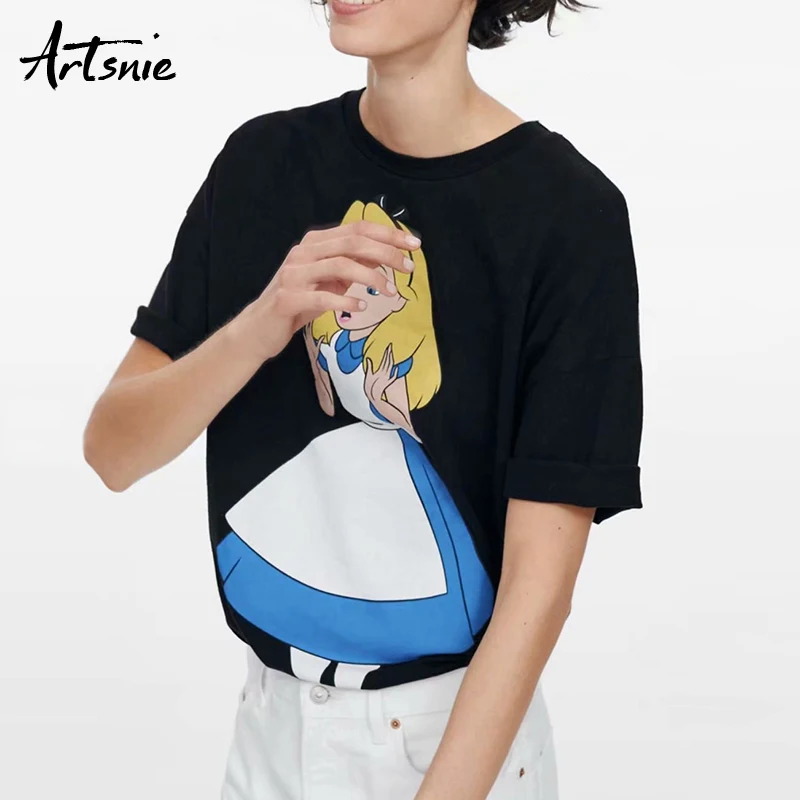 Artsnie tegnefilm print streetwear kvinder casual t-shirt sommer 2019 sort løs strikket toppe kvindelige piger bomuld t-shirts mujer