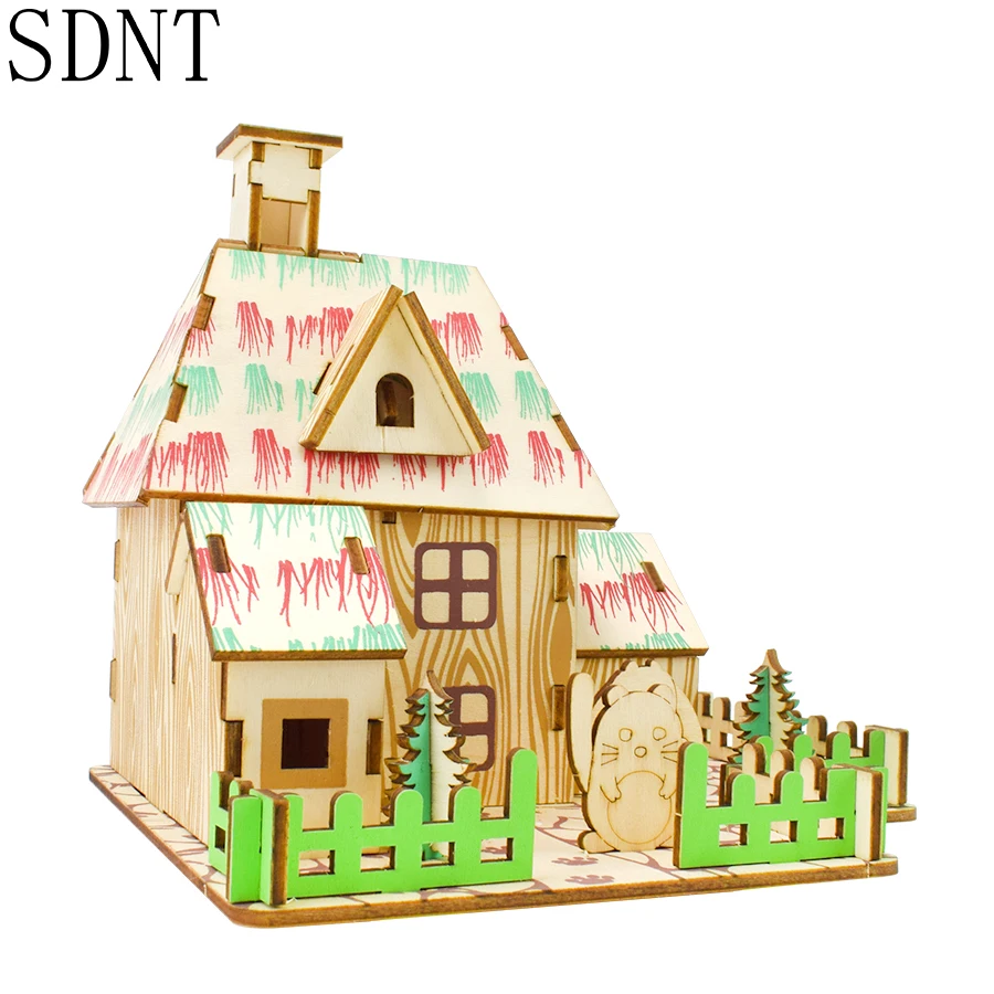 Hus, Bygning 3D-Puslespil i Træ Legetøj for Børn, DIY Graffiti Farve Hus Forsamling Spillet Træ Puslespil Pædagogisk Legetøj Børn Gaver