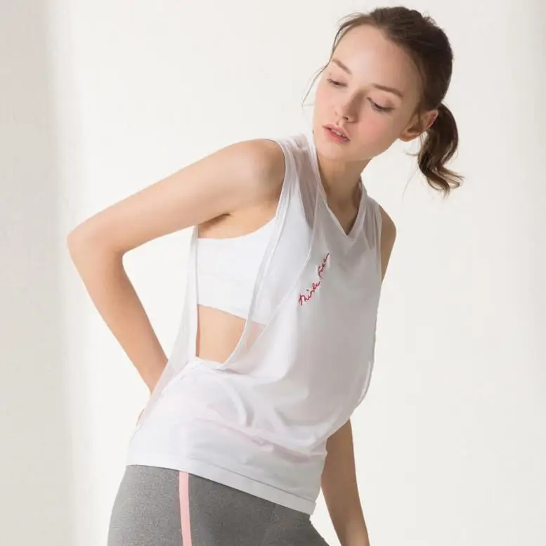 Sort Yoga Tilbage Mesh Gennemsigtig Tank Top Kører Vest Træning Tøj Kvinder Hvid Fitness Fitness Bluse uden Ærmer T-shirt