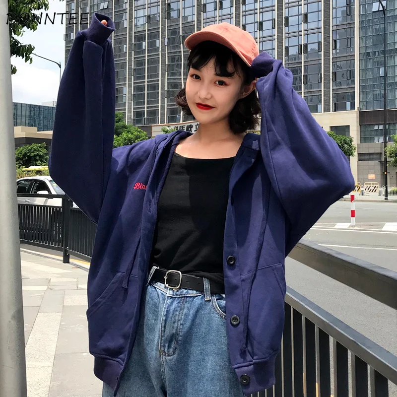 Hættetrøjer Kvinder Hætteklædte Soft Simple koreanske Zip-up Trendy Brev Broderet Sweatshirt Dame langærmet Fritids-Studerende Alle-match