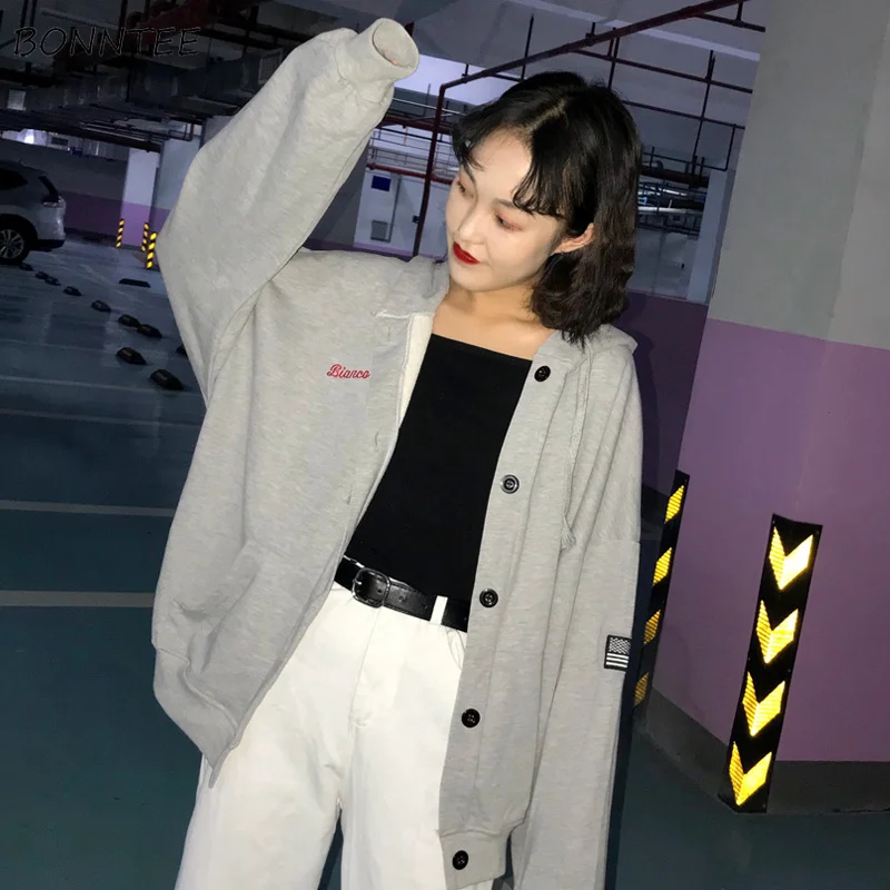Hættetrøjer Kvinder Hætteklædte Soft Simple koreanske Zip-up Trendy Brev Broderet Sweatshirt Dame langærmet Fritids-Studerende Alle-match
