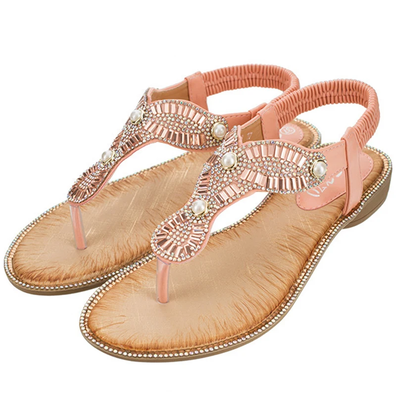 TIMETANGSummer kvinder, damer fladskærms sommeren etnisk kæde pearl beach sandaler casual sølv sko shoes de mujer tacon rosa