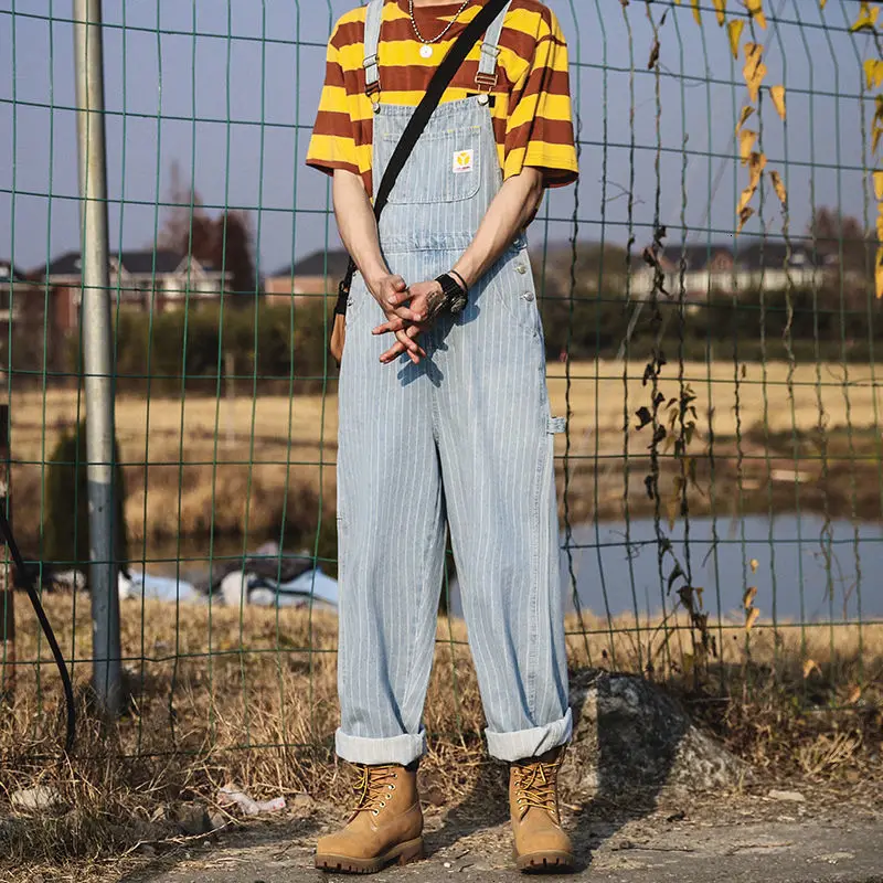 Privathinker Japanske Mænd Stribet Denim Overalls 2020 koreanske Mænd er Løs Brede Ben Jeans Rompers Streetwear Mand, Casual Bukser