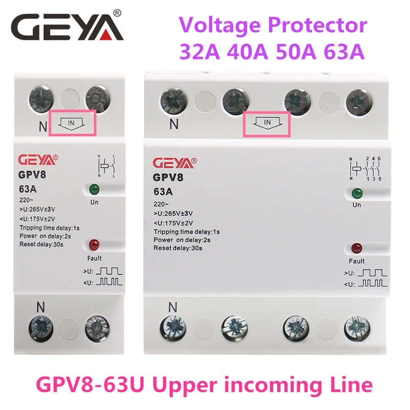 Gratis Forsendelse GEYA GPV8-63D/U 2Pole Din-Skinne Automatisk Genopretning Over og Under Spænding Beskyttende Enhed 32A 40A 50A 63A 220VAC