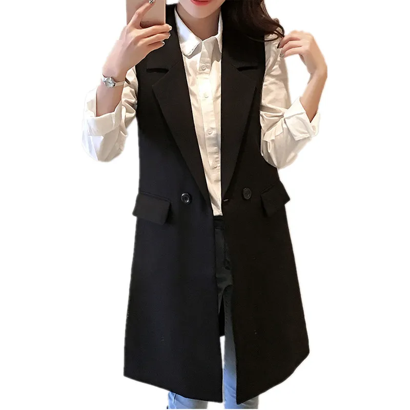 Foråret koreansk Mode Lang Overtøj Kvinder Cardigan 5XL Plus Size Ærmeløs Kvindelige Jakke Elegante Slanke Sorte Kvinders Pels Vest