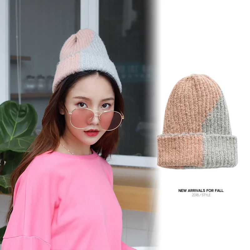 Nye Candy Farver Patchwork Vinter Hat Kvinder Strikkede Hat, Varmt, Blødt Trendy Hat Kpop Stil Uld Hue Elegante Alle-match Hat
