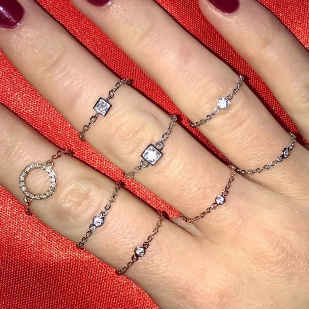 925 sterling sølv dejlige smykker ring fine fine kæde enkelt kvadrat cubic zirconia charme enkel minimal smykker ringe