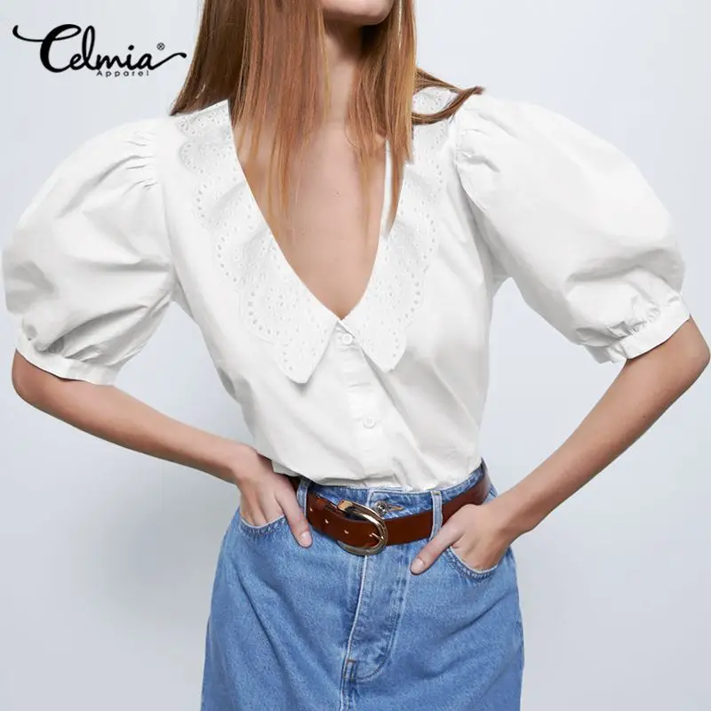 Mode Hvide Bluser Celmia Kvinder Short Puff Ærmer Shirts, Casual V-hals Lace Broderi Løse Toppe Løs Sommeren 2021 Blusas